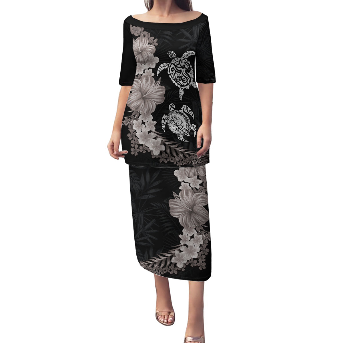 Hawaiian Flower and Tribal Turtle Family Matching Puletasi and Hawaiian Shirt Grayscale Mode LT03 Mom's Dress Black - Polynesian Pride