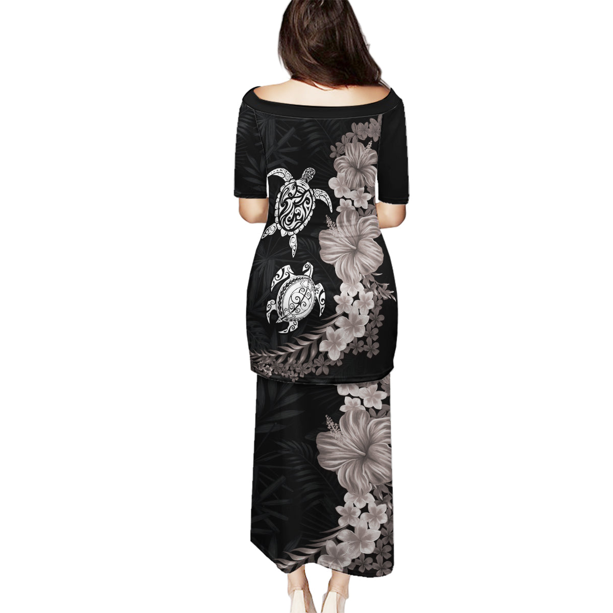 Hawaiian Flower and Tribal Turtle Family Matching Puletasi and Hawaiian Shirt Grayscale Mode LT03 - Polynesian Pride