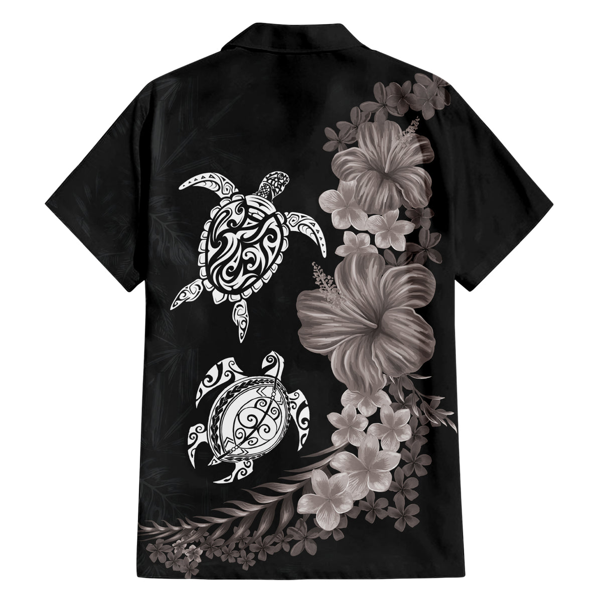 Hawaiian Flower and Tribal Turtle Family Matching Short Sleeve Bodycon Dress and Hawaiian Shirt Grayscale Mode