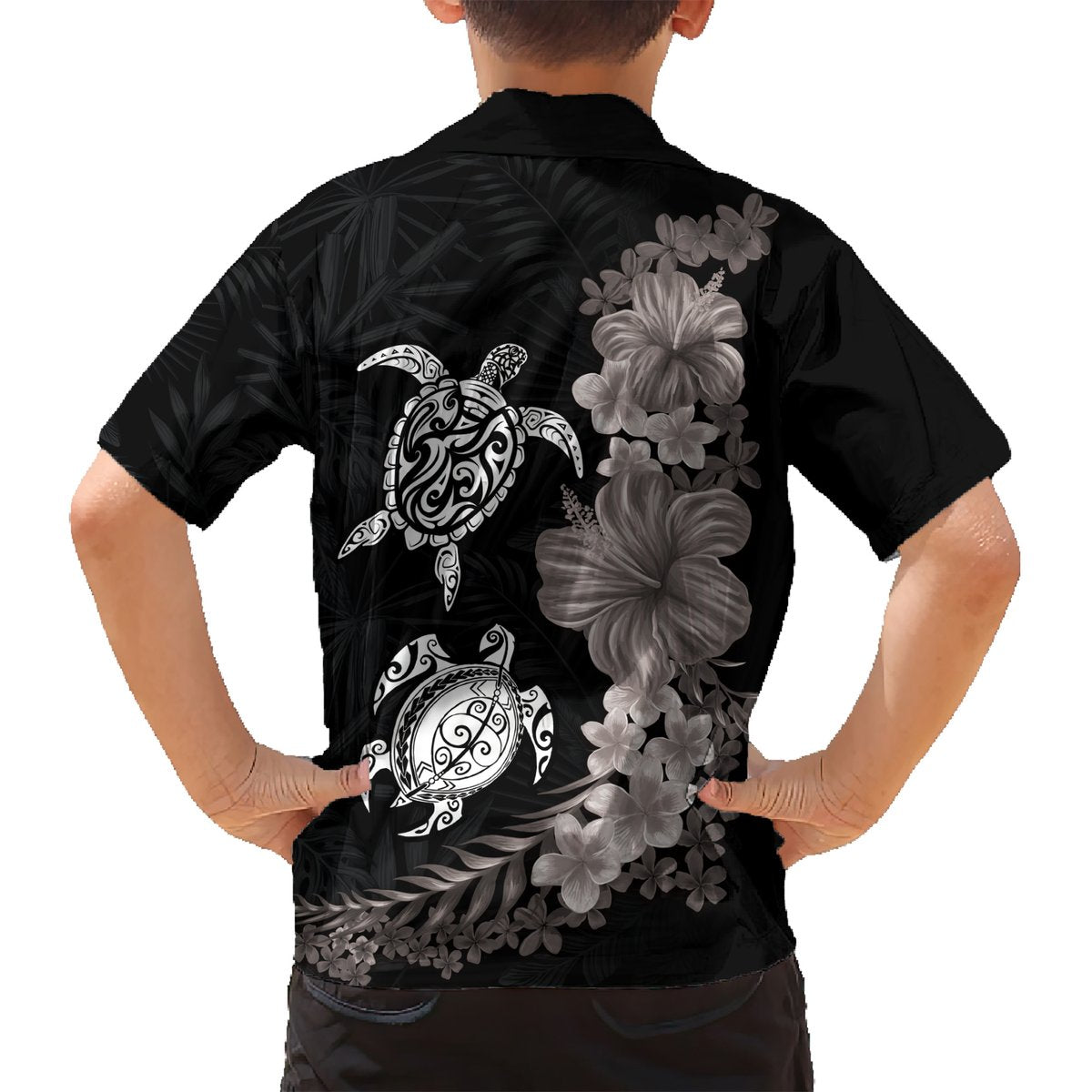Hawaiian Flower and Tribal Turtle Hawaiian Shirt Grayscale Mode