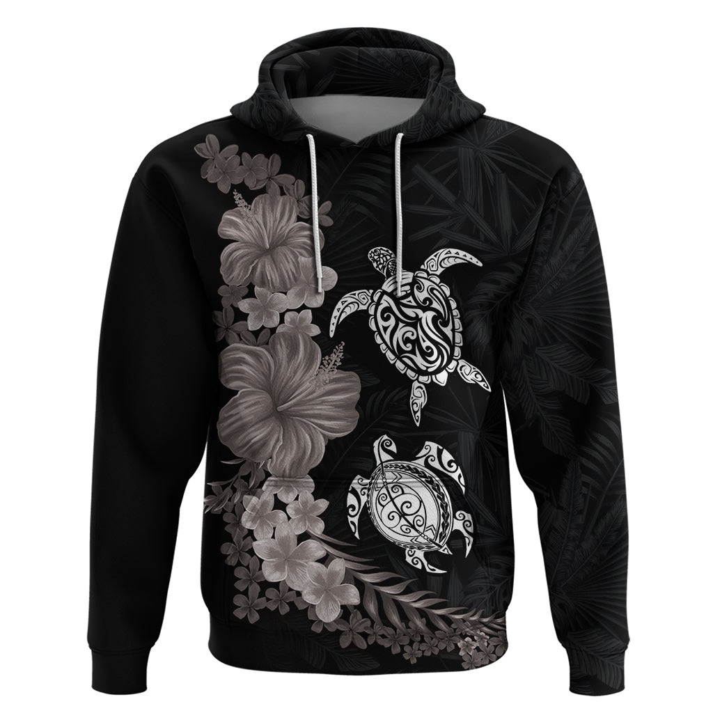 Hawaiian Flower and Tribal Turtle Hoodie Grayscale Mode LT03 Pullover Hoodie Black - Polynesian Pride