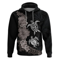 Hawaiian Flower and Tribal Turtle Hoodie Grayscale Mode LT03 Pullover Hoodie Black - Polynesian Pride