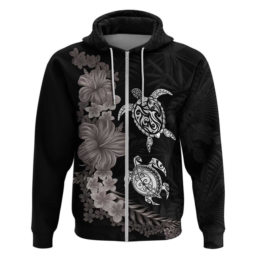 Hawaiian Flower and Tribal Turtle Hoodie Grayscale Mode LT03 Zip Hoodie Black - Polynesian Pride
