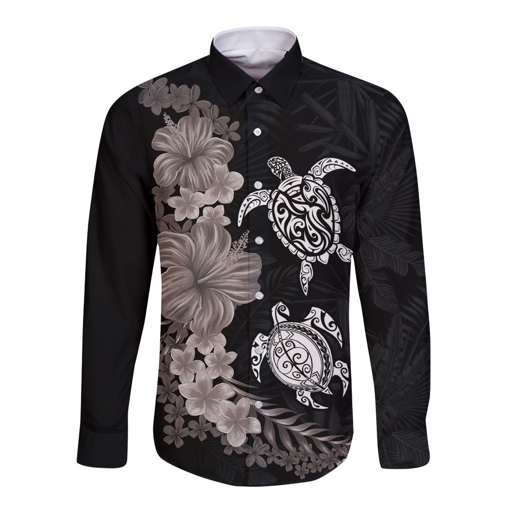Hawaiian Flower and Tribal Turtle Long Sleeve Button Shirt Grayscale Mode LT03 Unisex Black - Polynesian Pride
