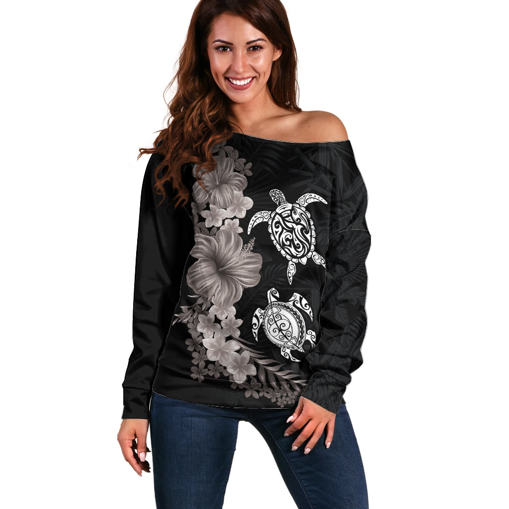Hawaiian Flower and Tribal Turtle Off Shoulder Sweater Grayscale Mode LT03 Women Black - Polynesian Pride