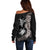 Hawaiian Flower and Tribal Turtle Off Shoulder Sweater Grayscale Mode