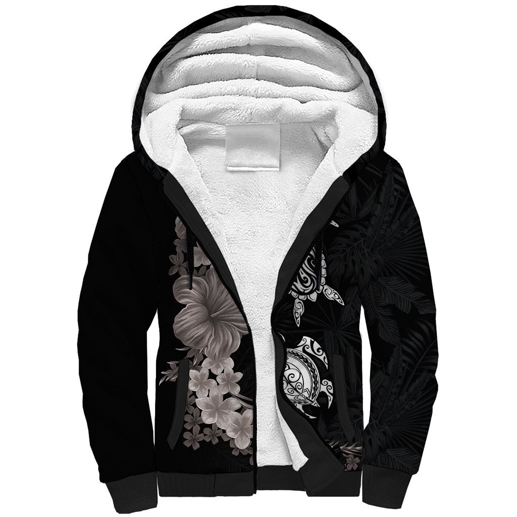 Hawaiian Flower and Tribal Turtle Sherpa Hoodie Grayscale Mode LT03 Unisex Black - Polynesian Pride