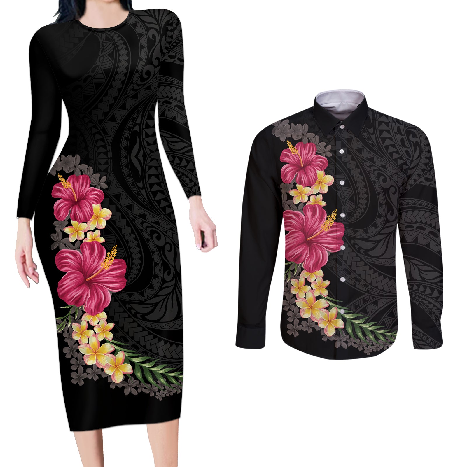 Hawaiian Plumeria and Hibiscus Couples Matching Long Sleeve Bodycon Dress and Long Sleeve Button Shirt Colorful Style