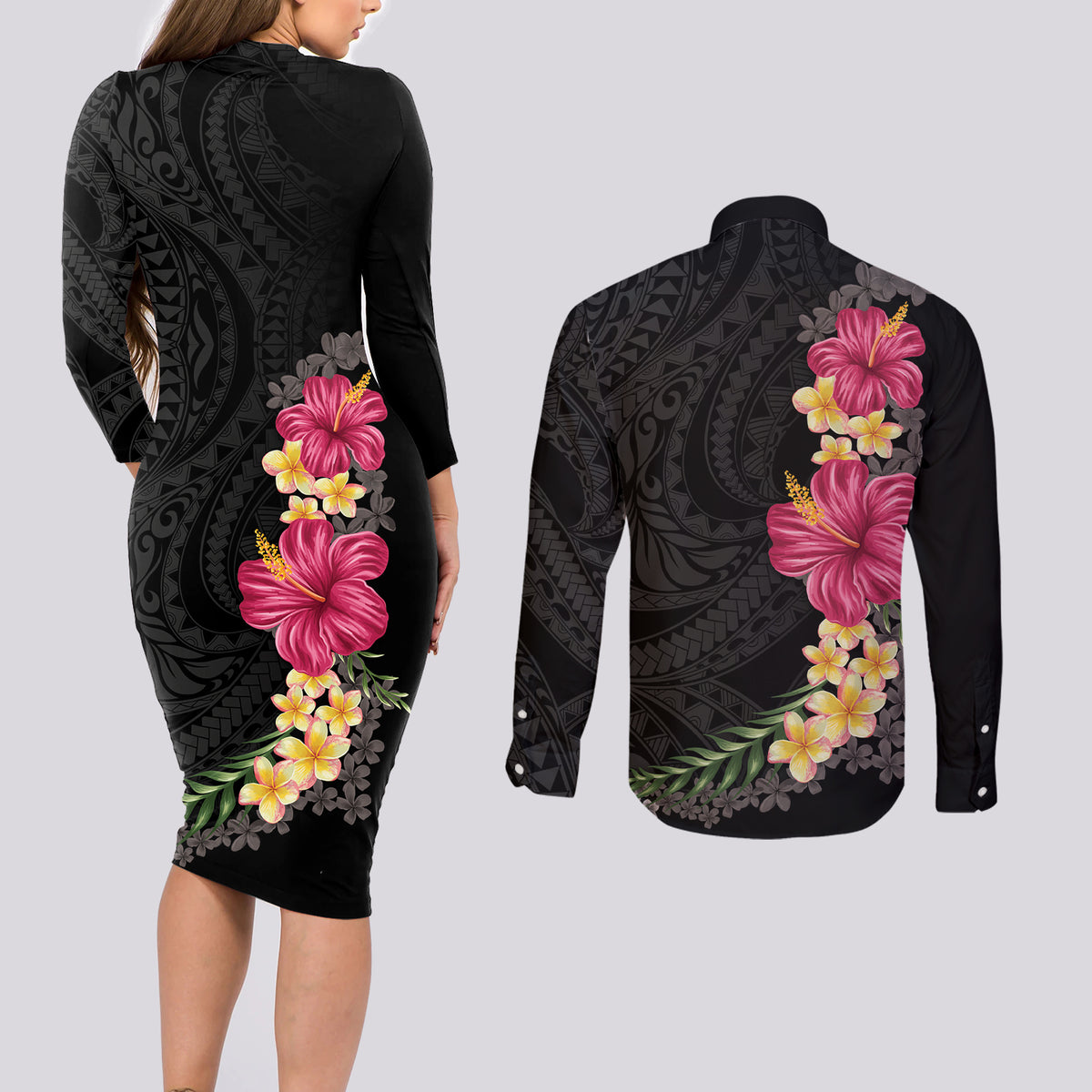 Hawaiian Plumeria and Hibiscus Couples Matching Long Sleeve Bodycon Dress and Long Sleeve Button Shirt Colorful Style