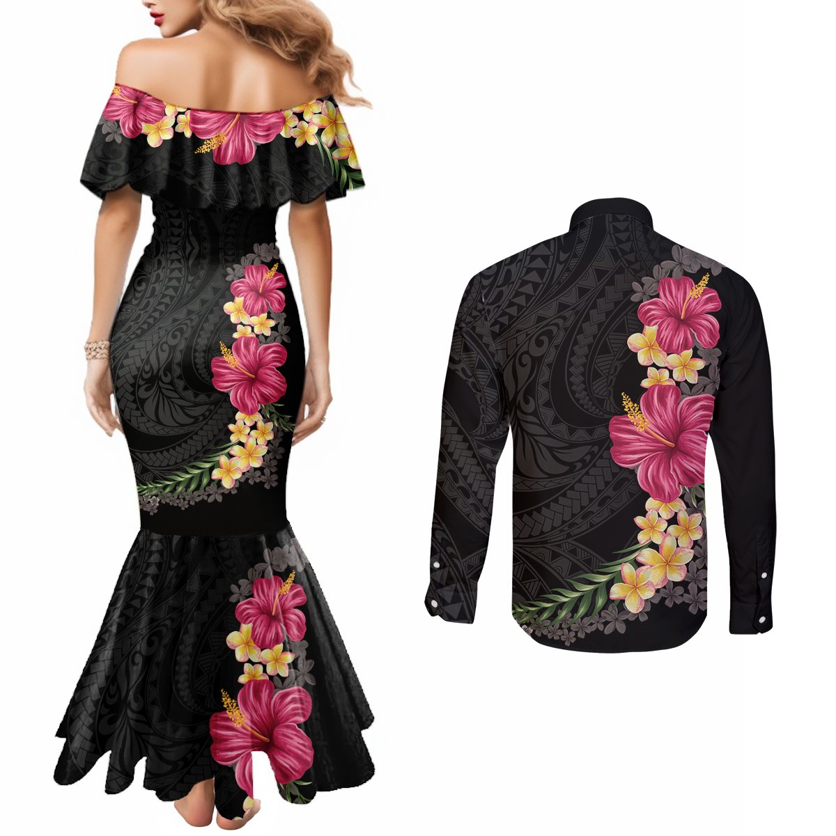 Hawaiian Plumeria and Hibiscus Couples Matching Mermaid Dress and Long Sleeve Button Shirt Colorful Style LT03 - Polynesian Pride