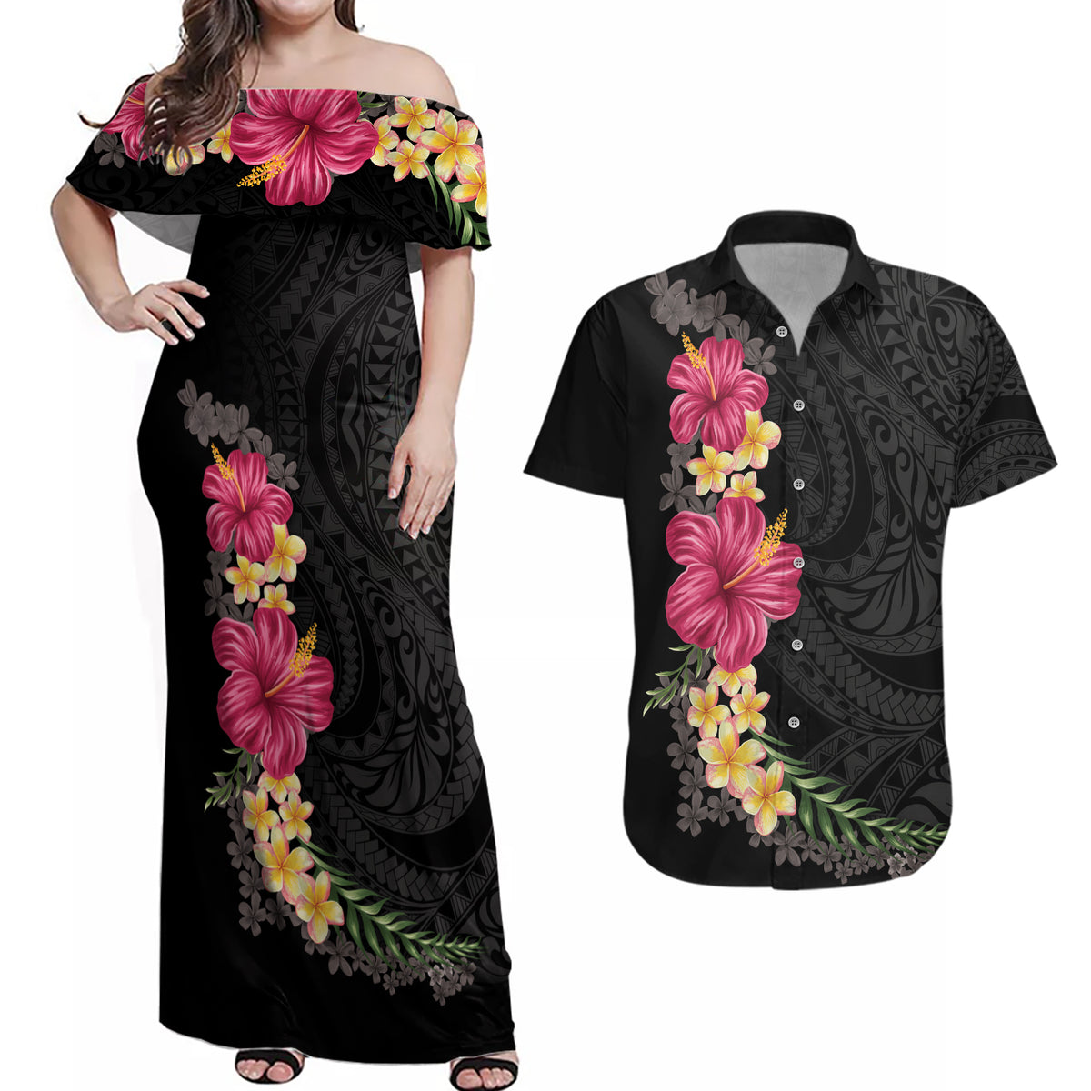 Hawaiian Plumeria and Hibiscus Couples Matching Off Shoulder Maxi Dress and Hawaiian Shirt Colorful Style LT03 Black - Polynesian Pride