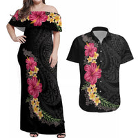 Hawaiian Plumeria and Hibiscus Couples Matching Off Shoulder Maxi Dress and Hawaiian Shirt Colorful Style LT03 Black - Polynesian Pride