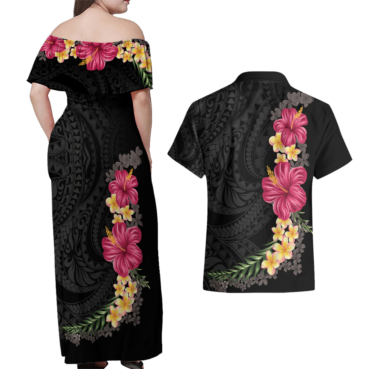 Hawaiian Plumeria and Hibiscus Couples Matching Off Shoulder Maxi Dress and Hawaiian Shirt Colorful Style LT03 - Polynesian Pride