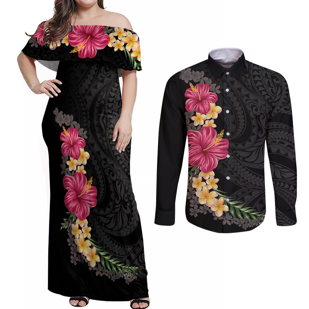 Hawaiian Plumeria and Hibiscus Couples Matching Off Shoulder Maxi Dress and Long Sleeve Button Shirt Colorful Style LT03 Black - Polynesian Pride