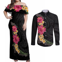 Hawaiian Plumeria and Hibiscus Couples Matching Off Shoulder Maxi Dress and Long Sleeve Button Shirt Colorful Style LT03 Black - Polynesian Pride