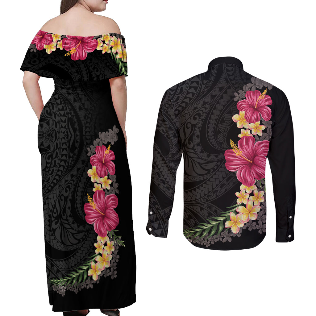 Hawaiian Plumeria and Hibiscus Couples Matching Off Shoulder Maxi Dress and Long Sleeve Button Shirt Colorful Style LT03 - Polynesian Pride