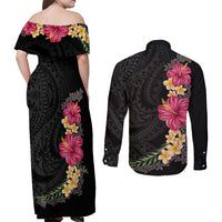 Hawaiian Plumeria and Hibiscus Couples Matching Off Shoulder Maxi Dress and Long Sleeve Button Shirt Colorful Style LT03 - Polynesian Pride