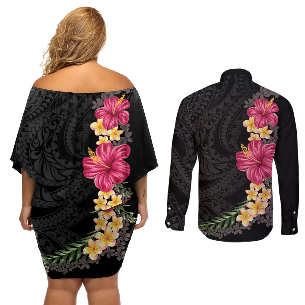 Hawaiian Plumeria and Hibiscus Couples Matching Off Shoulder Short Dress and Long Sleeve Button Shirt Colorful Style