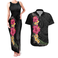 Hawaiian Plumeria and Hibiscus Couples Matching Tank Maxi Dress and Hawaiian Shirt Colorful Style LT03 Black - Polynesian Pride