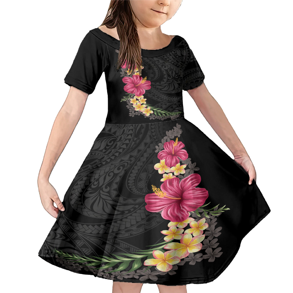 Hawaiian Plumeria and Hibiscus Family Matching Mermaid Dress and Hawaiian Shirt - Colorful Style LT03 Daughter's Dress Black - Polynesian Pride