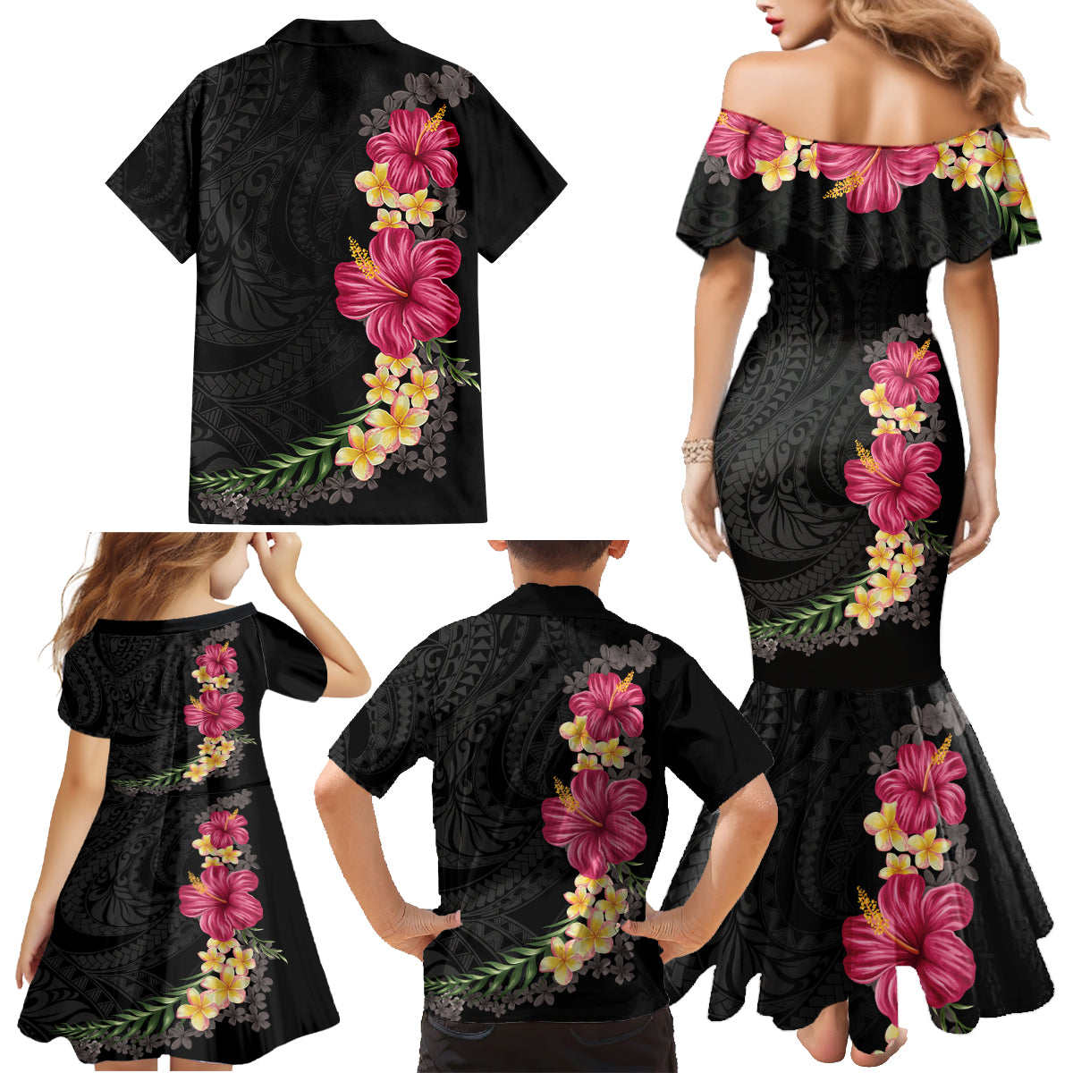 Hawaiian Plumeria and Hibiscus Family Matching Mermaid Dress and Hawaiian Shirt - Colorful Style LT03 - Polynesian Pride