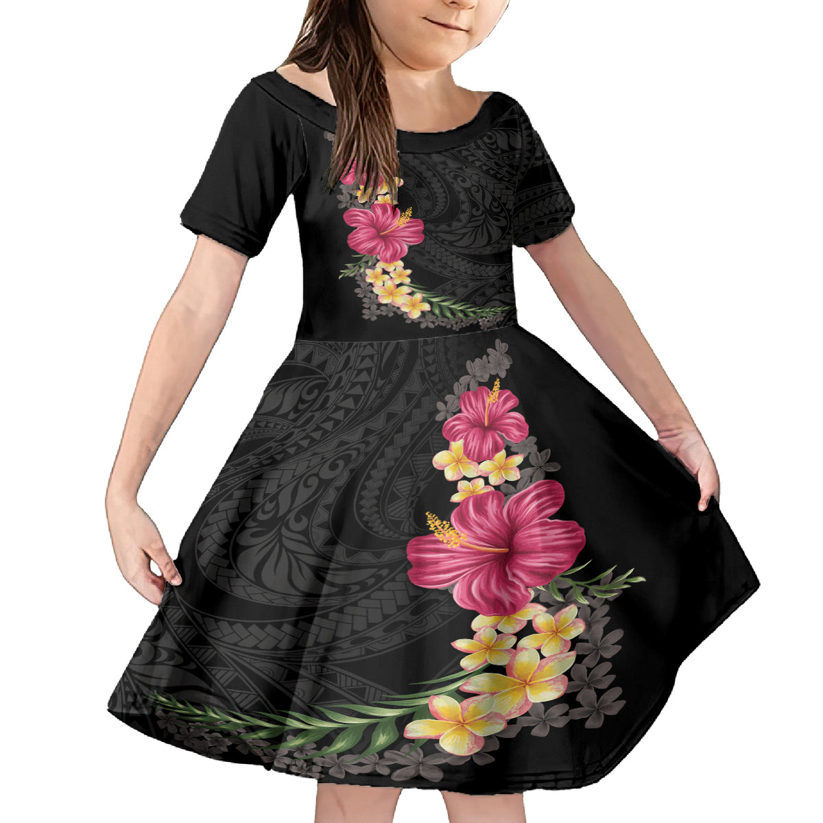 Hawaiian Plumeria and Hibiscus Family Matching Off Shoulder Maxi Dress and Hawaiian Shirt Colorful Style LT03 Daughter's Dress Black - Polynesian Pride