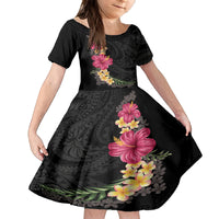 Hawaiian Plumeria and Hibiscus Family Matching Off Shoulder Maxi Dress and Hawaiian Shirt Colorful Style LT03 Daughter's Dress Black - Polynesian Pride