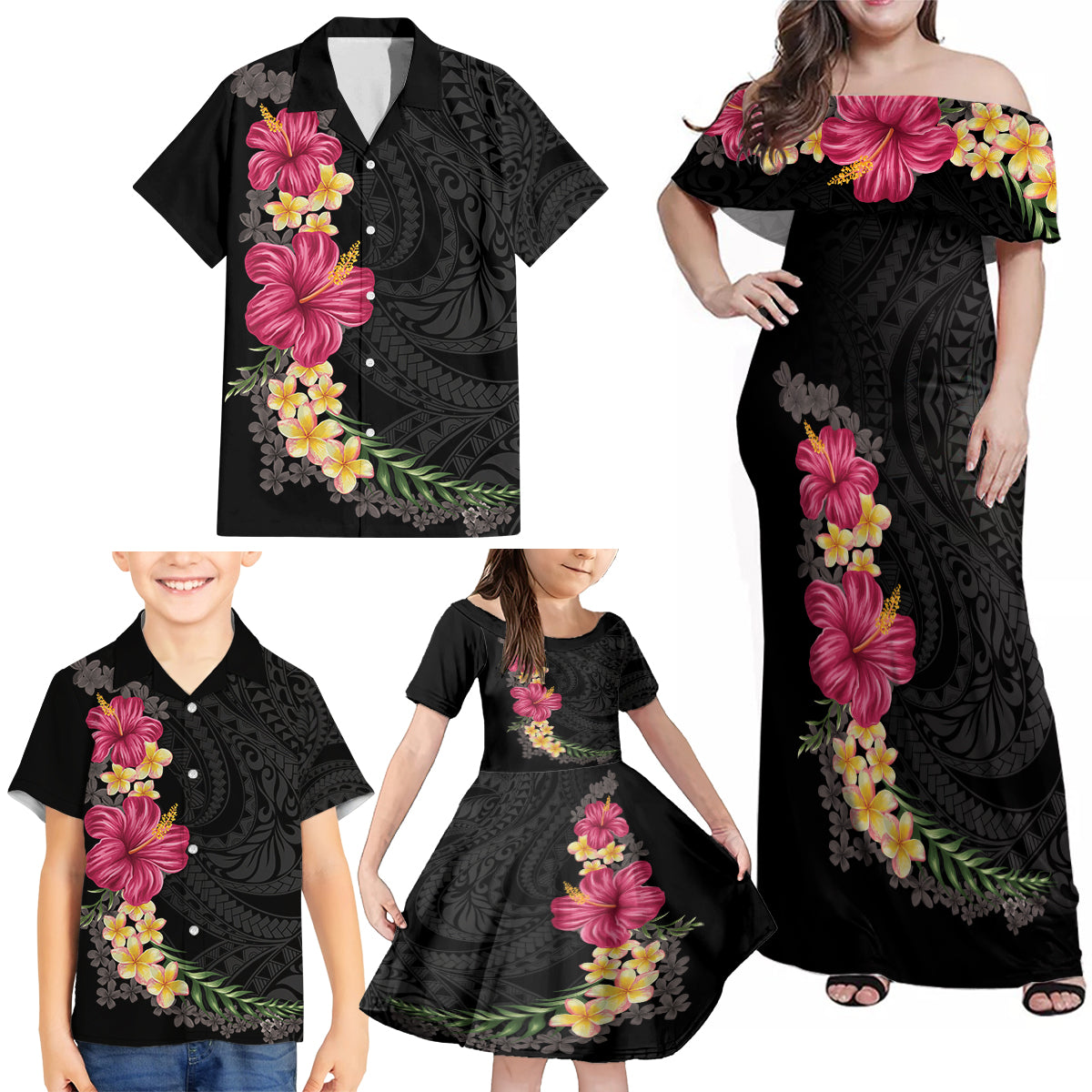 Hawaiian Plumeria and Hibiscus Family Matching Off Shoulder Maxi Dress and Hawaiian Shirt Colorful Style LT03 - Polynesian Pride