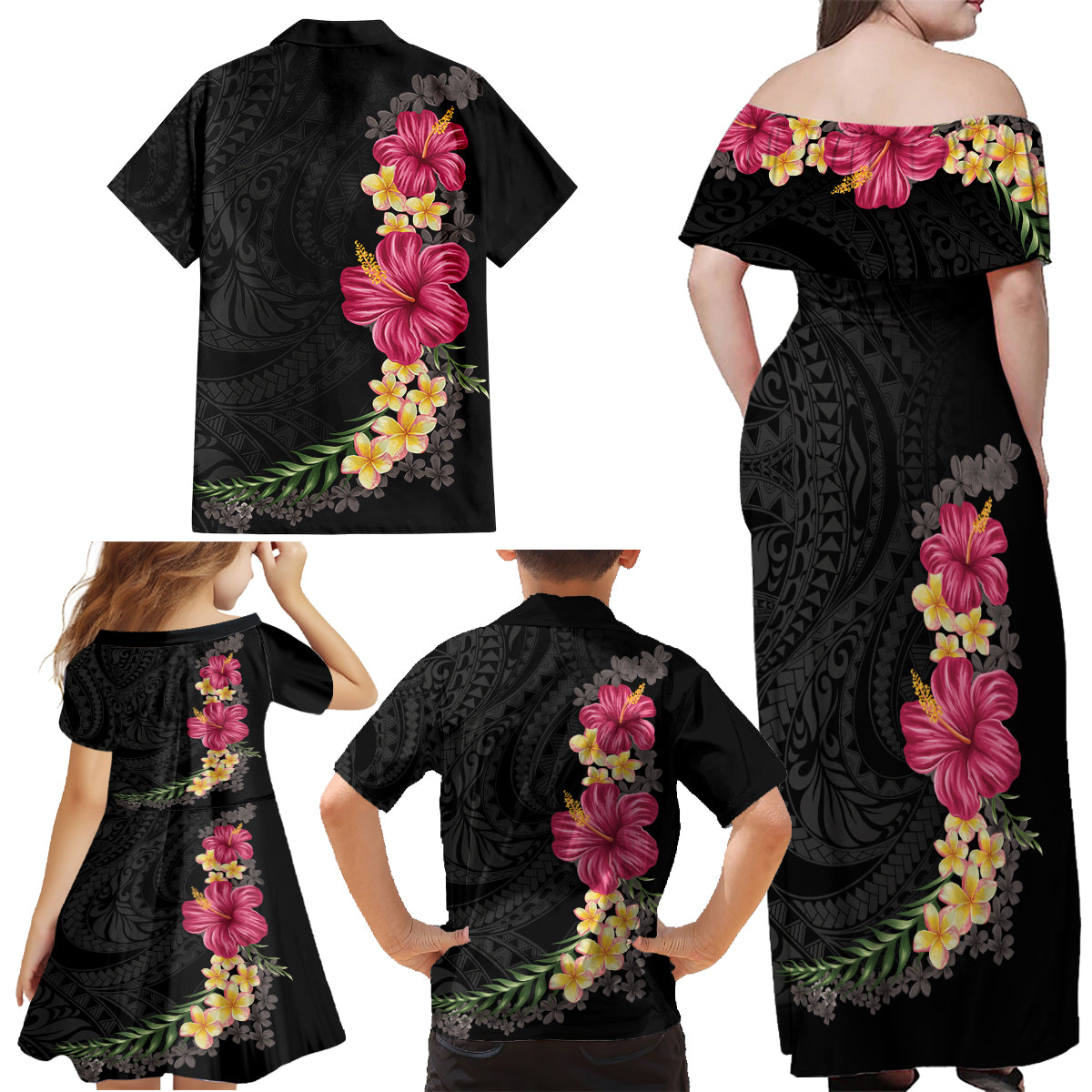 Hawaiian Plumeria and Hibiscus Family Matching Off Shoulder Maxi Dress and Hawaiian Shirt Colorful Style LT03 - Polynesian Pride