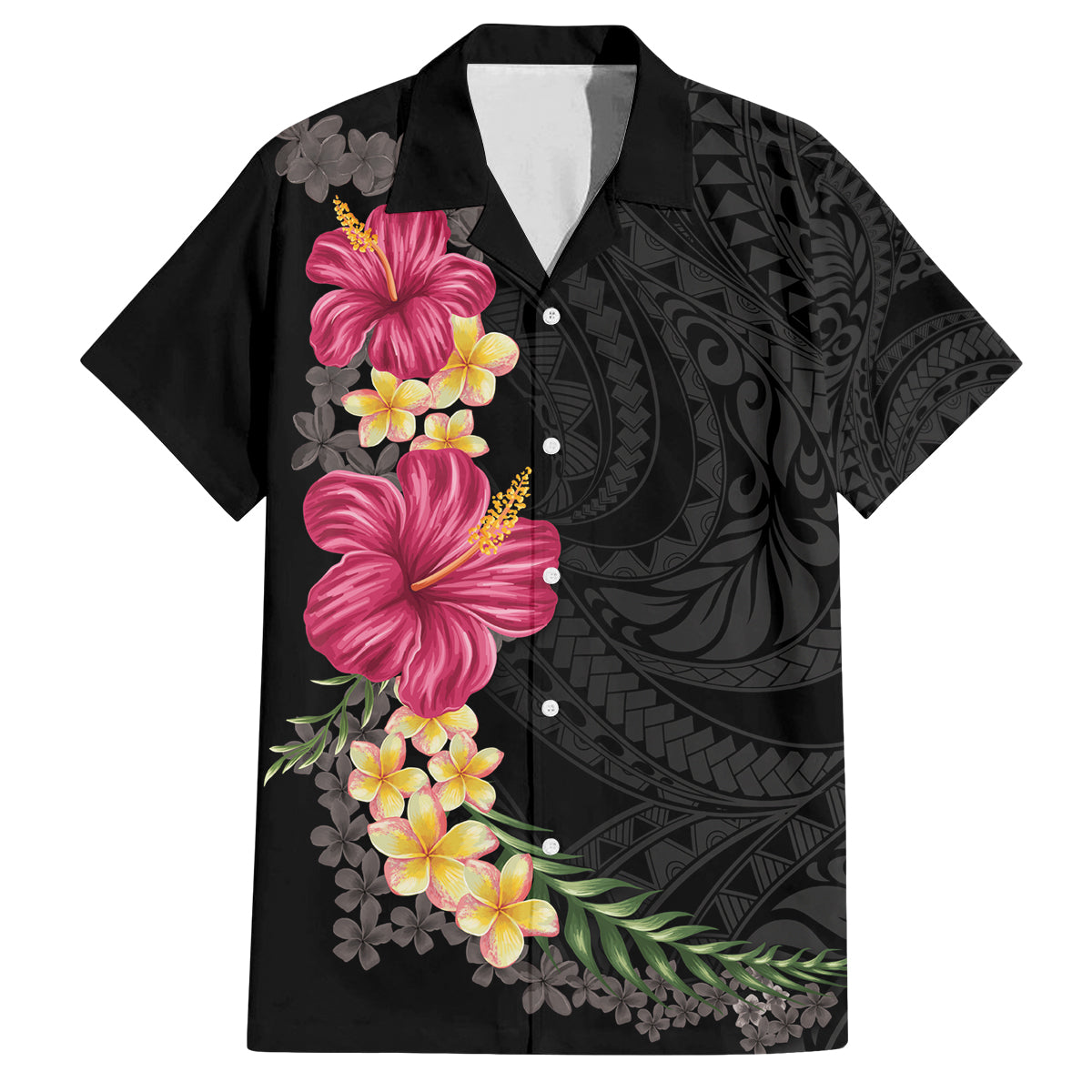 Hawaiian Plumeria and Hibiscus Family Matching Off Shoulder Maxi Dress and Hawaiian Shirt Colorful Style LT03 Dad's Shirt - Short Sleeve Black - Polynesian Pride