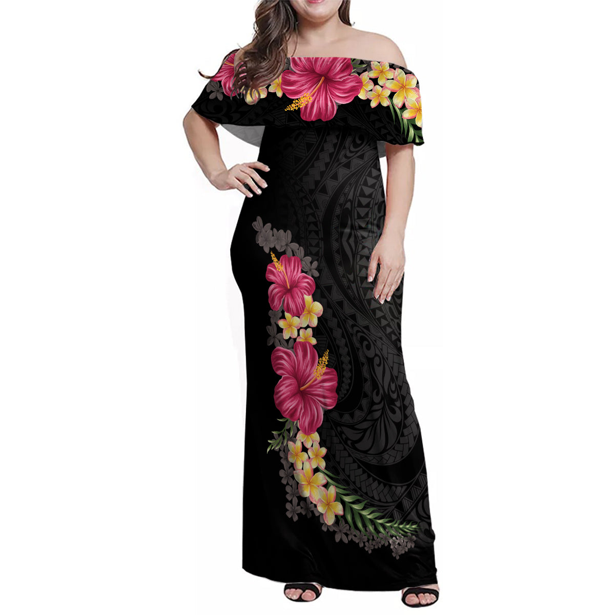 Hawaiian Plumeria and Hibiscus Family Matching Off Shoulder Maxi Dress and Hawaiian Shirt Colorful Style LT03 Mom's Dress Black - Polynesian Pride