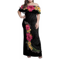 Hawaiian Plumeria and Hibiscus Family Matching Off Shoulder Maxi Dress and Hawaiian Shirt Colorful Style LT03 Mom's Dress Black - Polynesian Pride