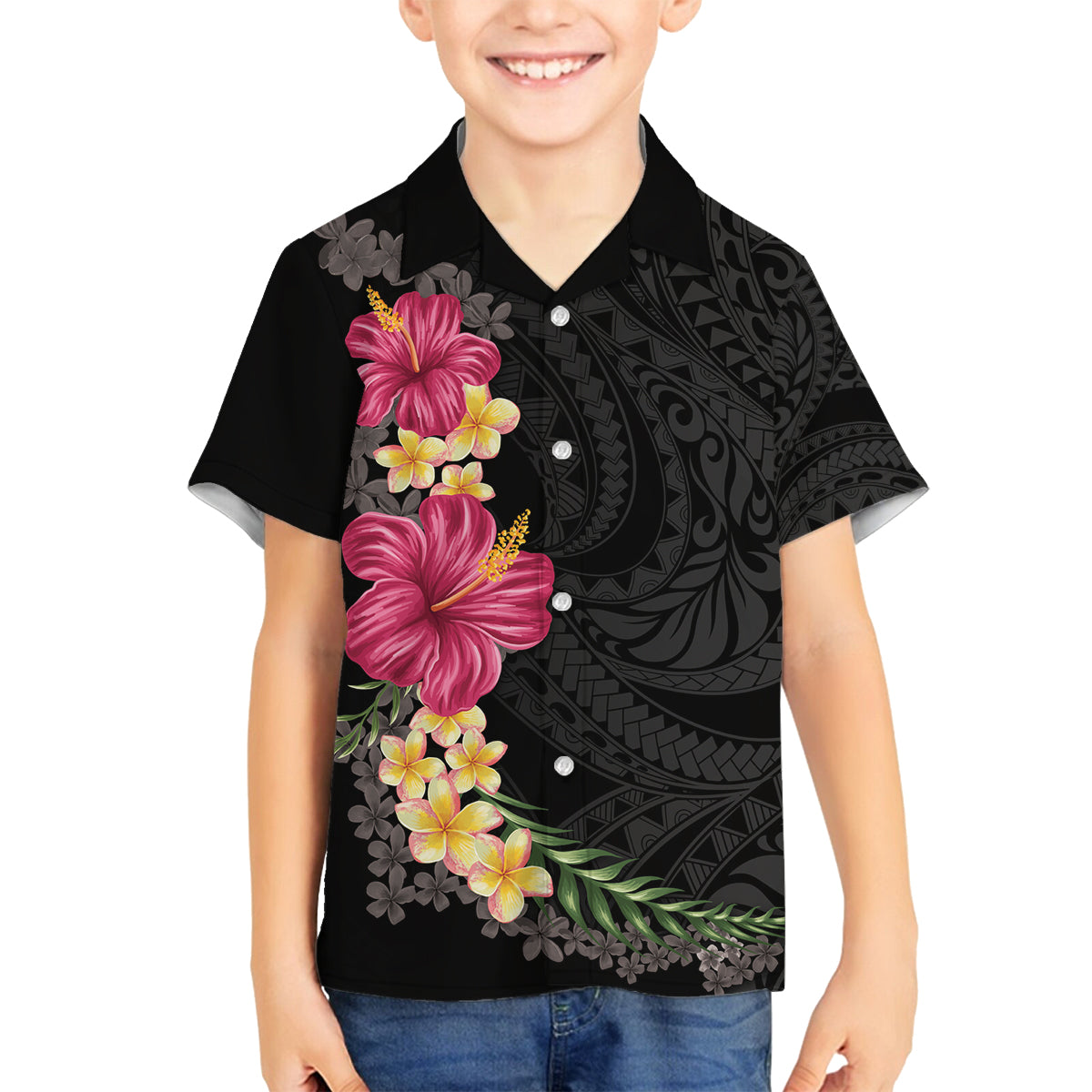 Hawaiian Plumeria and Hibiscus Family Matching Off Shoulder Maxi Dress and Hawaiian Shirt Colorful Style LT03 Son's Shirt Black - Polynesian Pride