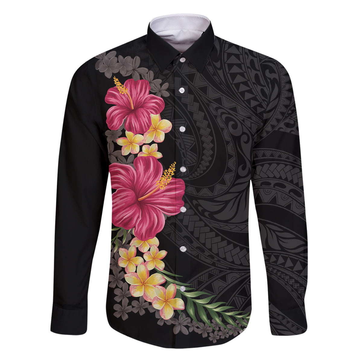 Hawaiian Plumeria and Hibiscus Family Matching Off Shoulder Short Dress and Hawaiian Shirt Colorful Style LT03 Dad's Shirt - Long Sleeve Black - Polynesian Pride