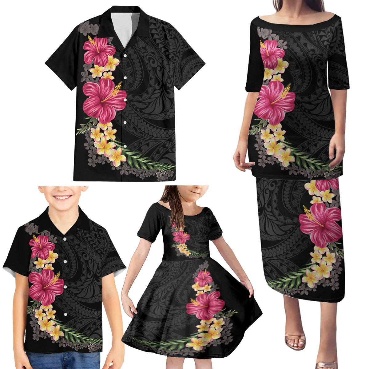 Hawaiian Plumeria and Hibiscus Family Matching Puletasi and Hawaiian Shirt Colorful Style LT03 - Polynesian Pride