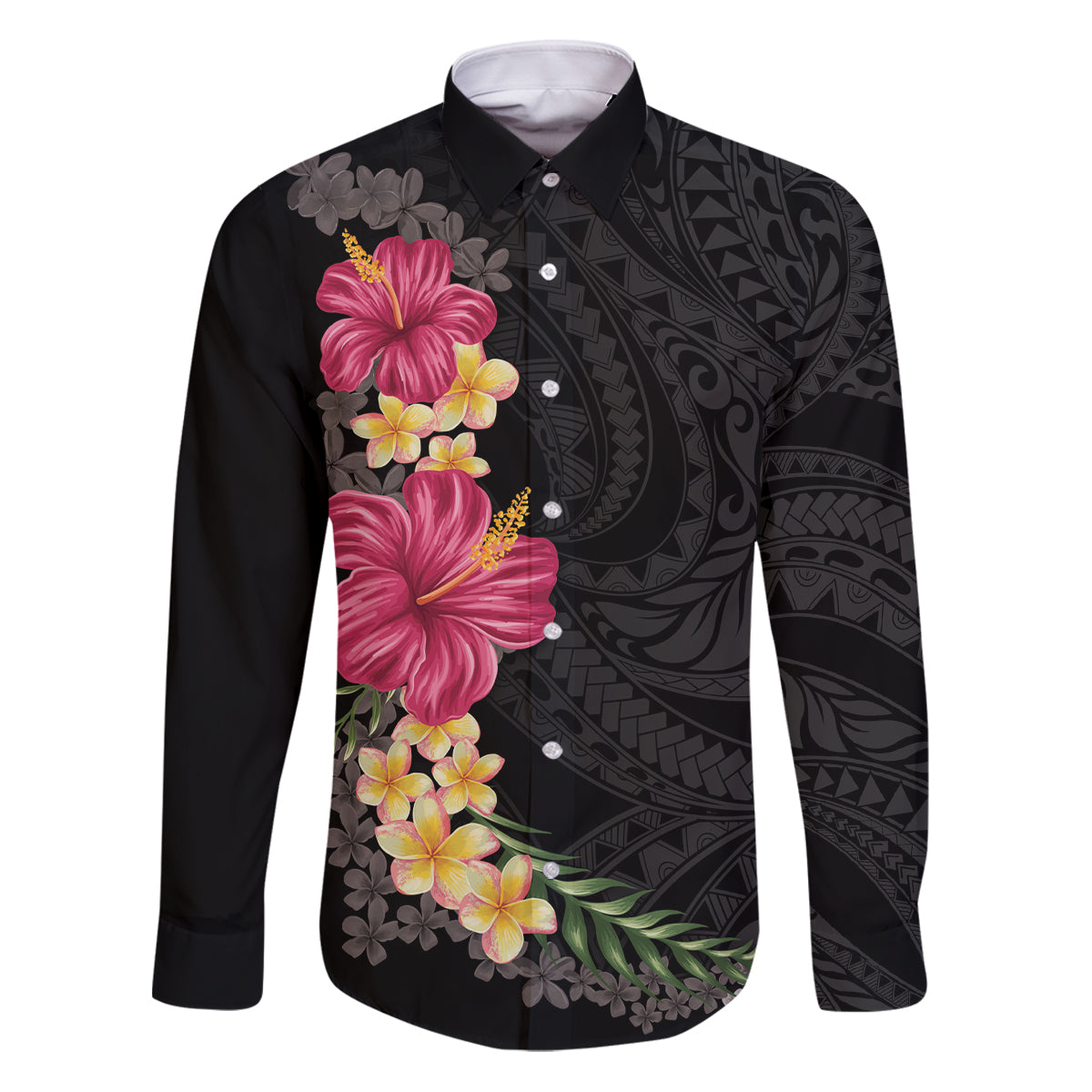 Hawaiian Plumeria and Hibiscus Family Matching Puletasi and Hawaiian Shirt Colorful Style LT03 Dad's Shirt - Long Sleeve Black - Polynesian Pride