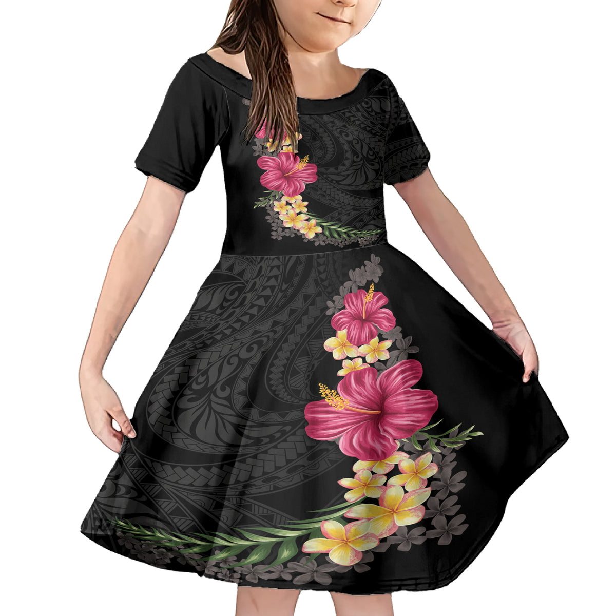 Hawaiian Plumeria and Hibiscus Family Matching Short Sleeve Bodycon Dress and Hawaiian Shirt Colorful Style LT03 Daughter's Dress Black - Polynesian Pride
