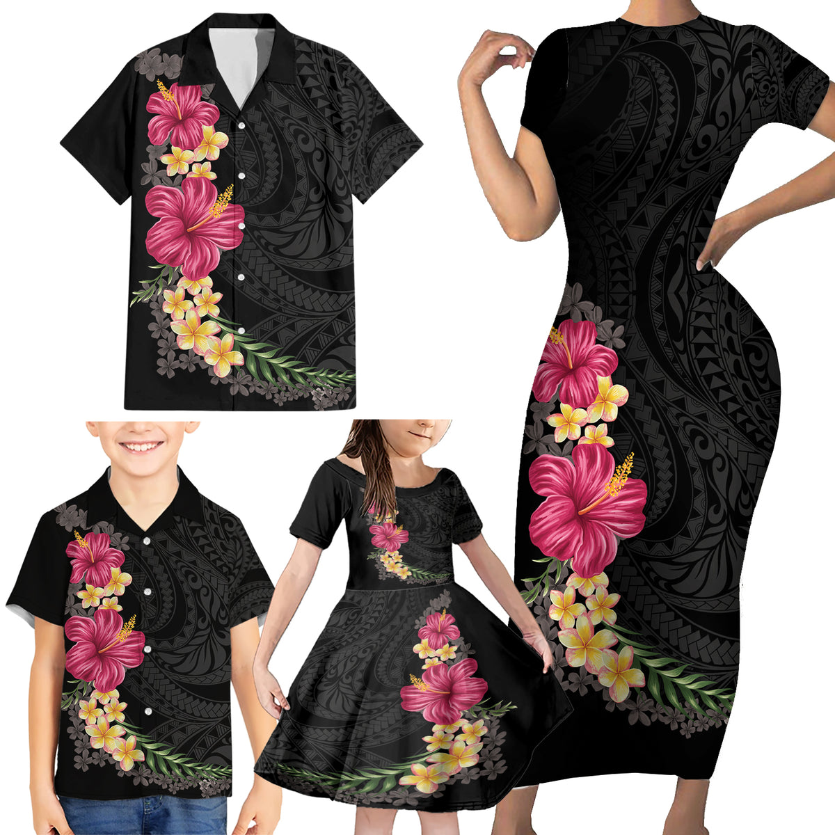 Hawaiian Plumeria and Hibiscus Family Matching Short Sleeve Bodycon Dress and Hawaiian Shirt Colorful Style LT03 - Polynesian Pride