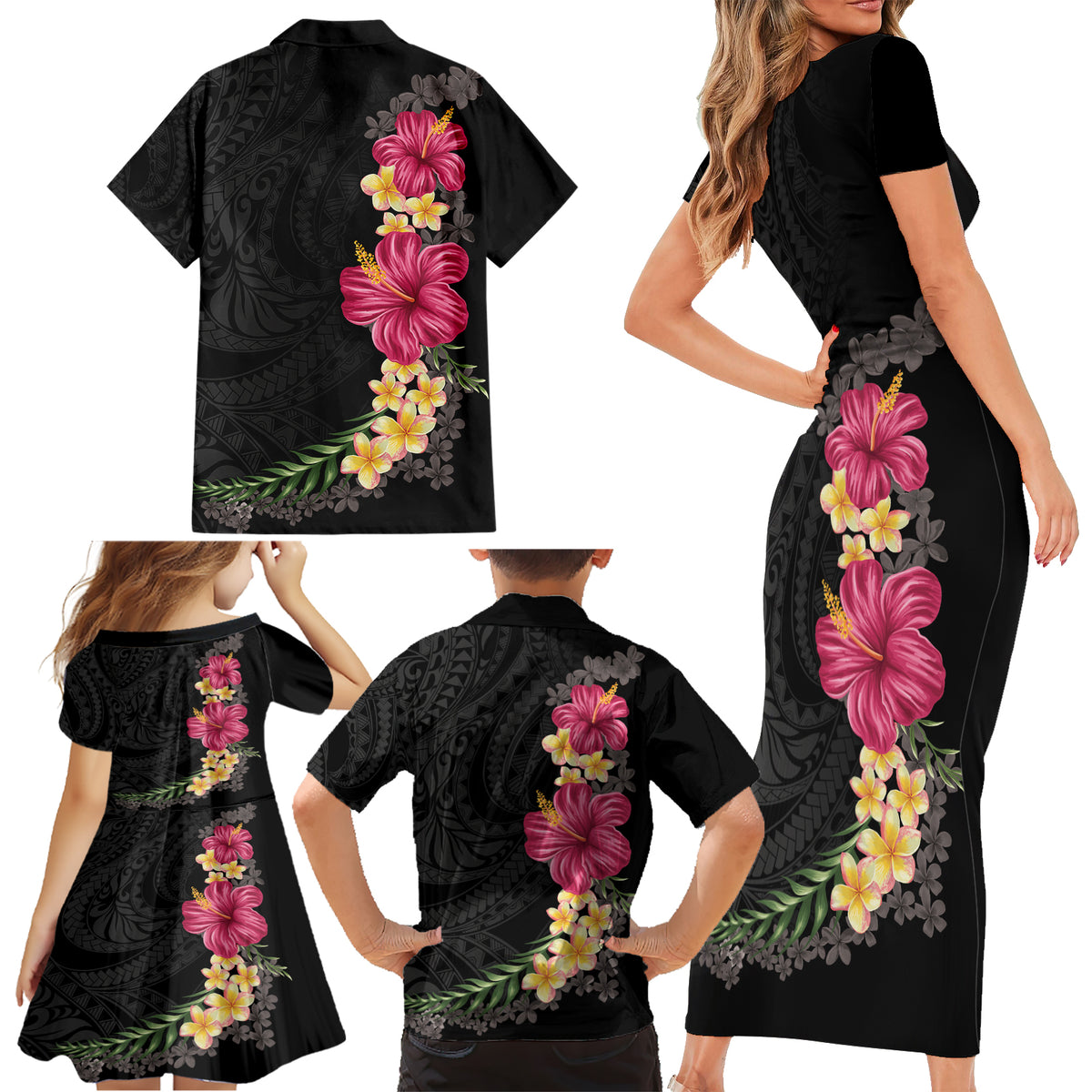 Hawaiian Plumeria and Hibiscus Family Matching Short Sleeve Bodycon Dress and Hawaiian Shirt Colorful Style LT03 - Polynesian Pride