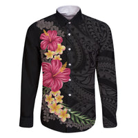 Hawaiian Plumeria and Hibiscus Family Matching Short Sleeve Bodycon Dress and Hawaiian Shirt Colorful Style LT03 Dad's Shirt - Long Sleeve Black - Polynesian Pride