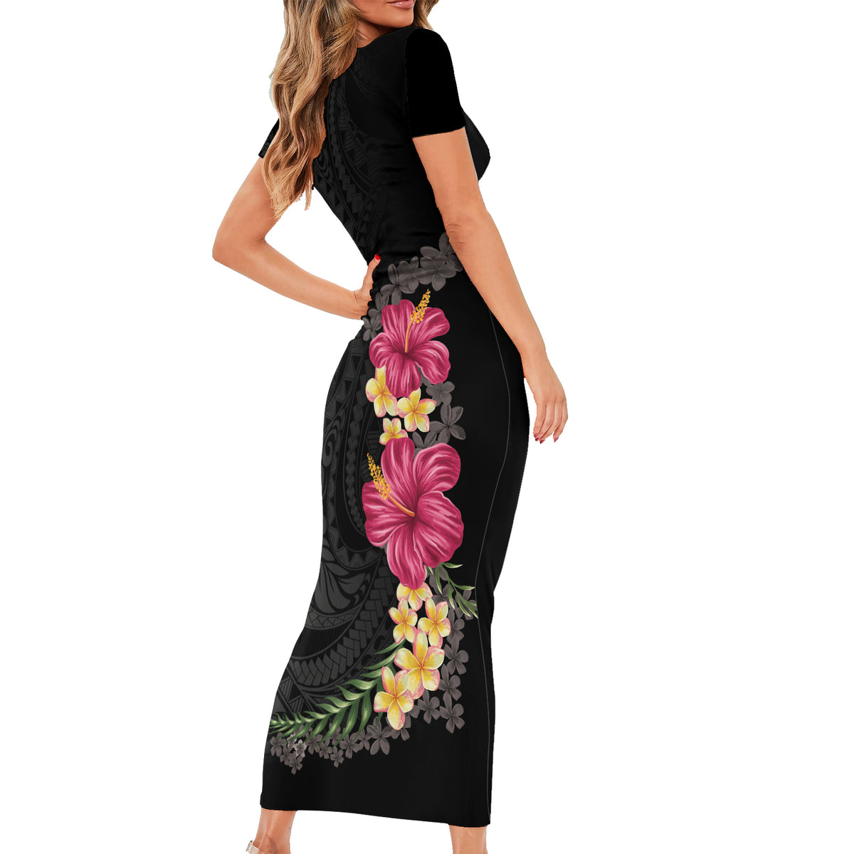 Hawaiian Plumeria and Hibiscus Family Matching Short Sleeve Bodycon Dress and Hawaiian Shirt Colorful Style LT03 - Polynesian Pride