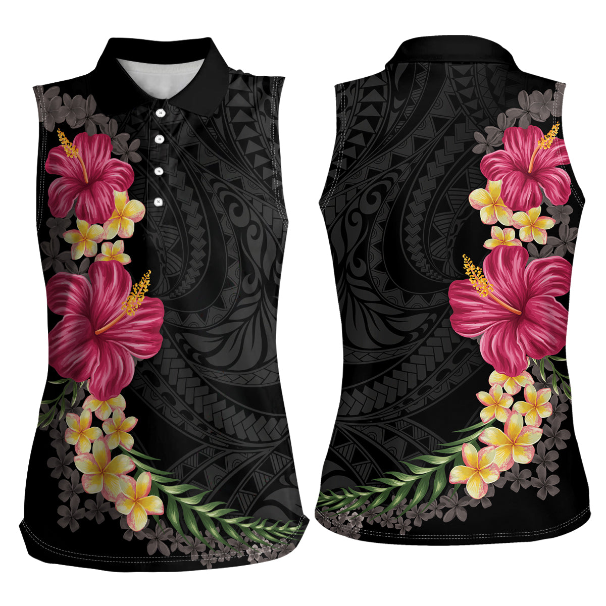 Hawaiian Plumeria and Hibiscus Women Sleeveless Polo Shirt Colorful Style LT03 - Polynesian Pride