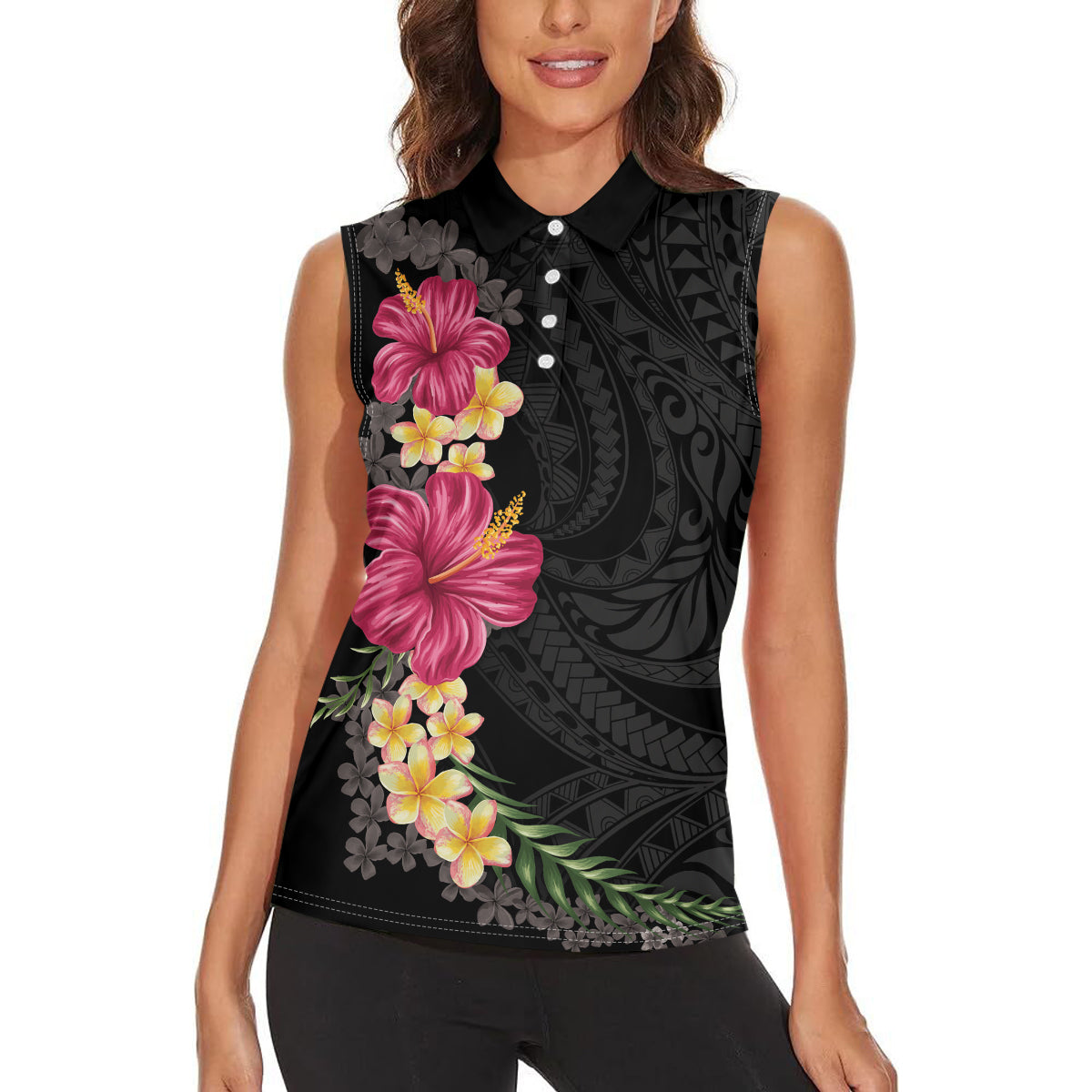 Hawaiian Plumeria and Hibiscus Women Sleeveless Polo Shirt Colorful Style LT03 - Polynesian Pride