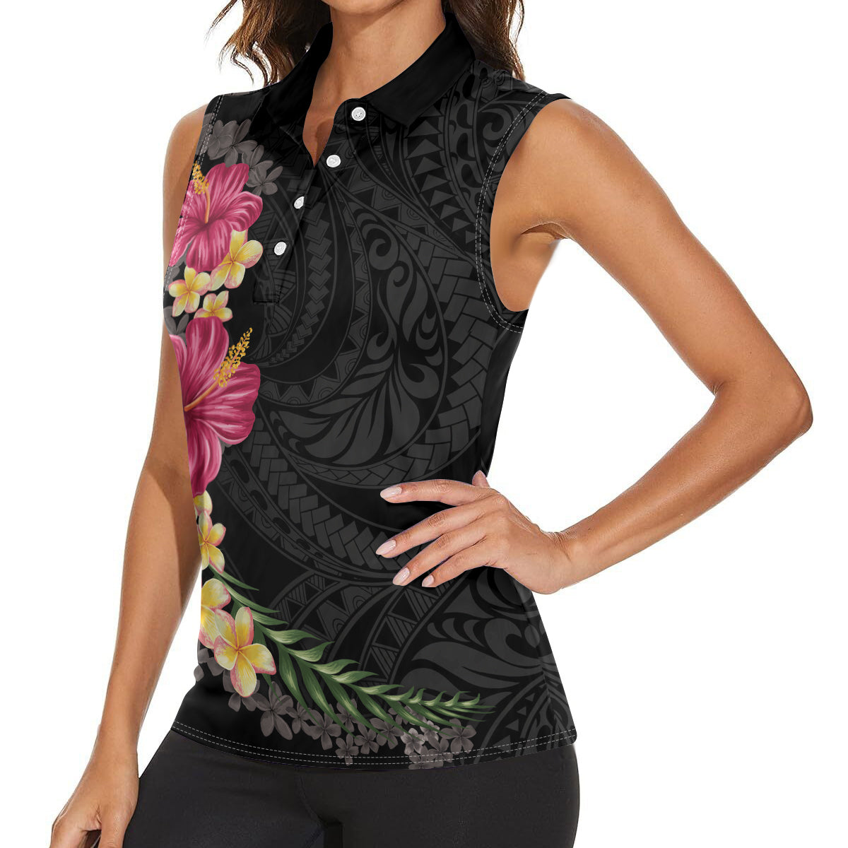 Hawaiian Plumeria and Hibiscus Women Sleeveless Polo Shirt Colorful Style LT03 - Polynesian Pride