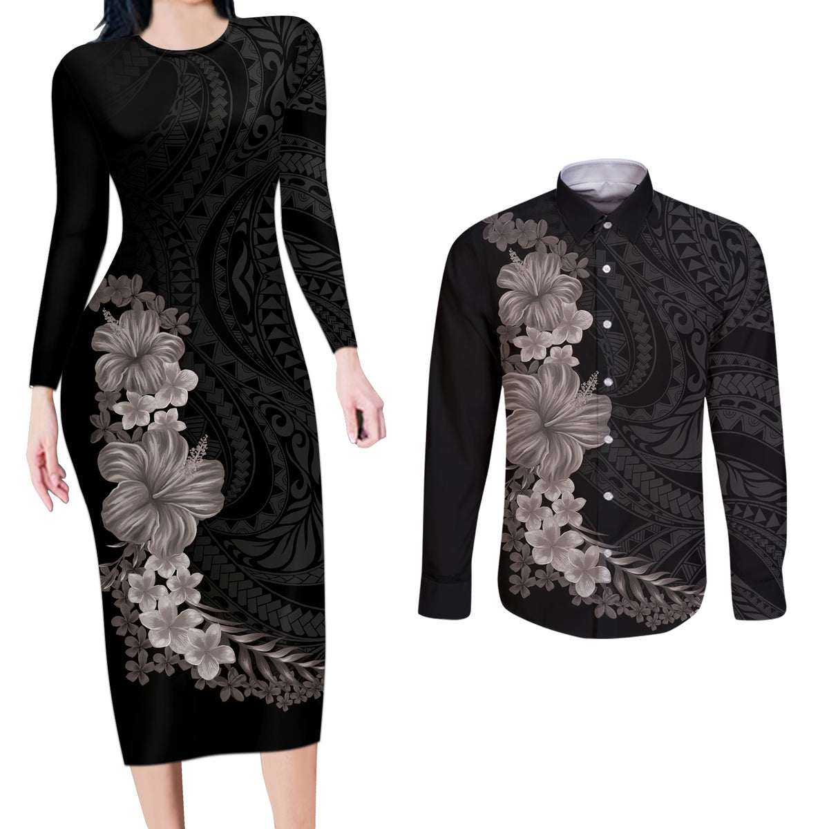 Hawaiian Plumeria and Hibiscus Couples Matching Long Sleeve Bodycon Dress and Long Sleeve Button Shirt Grayscale Mode