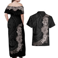 Hawaiian Plumeria and Hibiscus Couples Matching Off Shoulder Maxi Dress and Hawaiian Shirt Grayscale Mode LT03 - Polynesian Pride