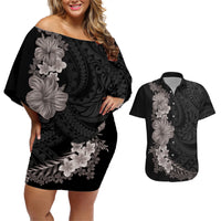 Hawaiian Plumeria and Hibiscus Couples Matching Off Shoulder Short Dress and Hawaiian Shirt Grayscale Mode