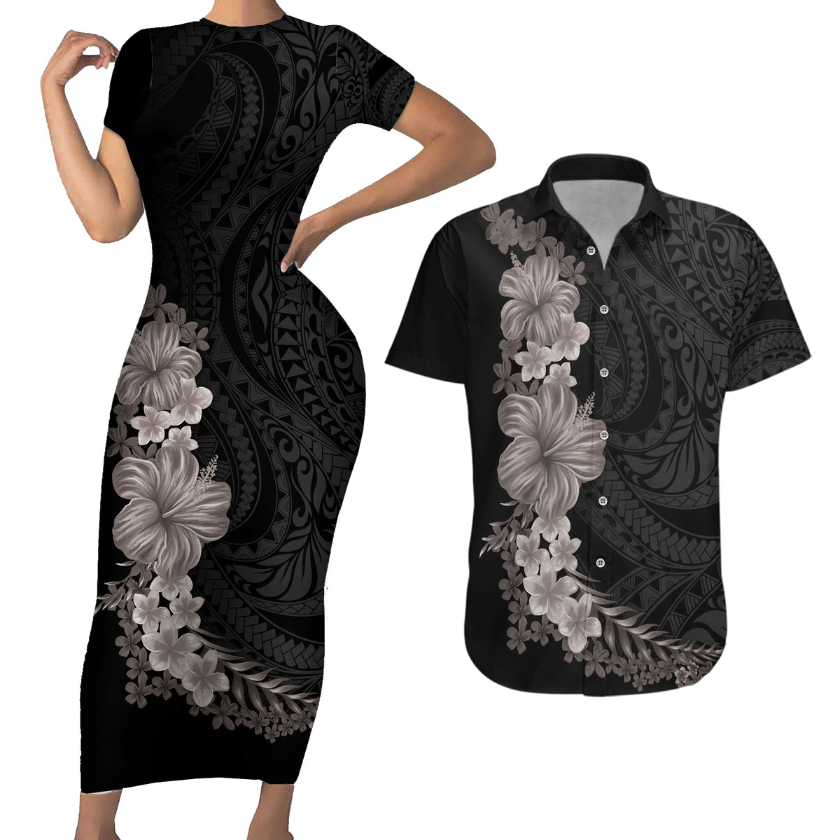 Hawaiian Plumeria and Hibiscus Couples Matching Short Sleeve Bodycon Dress and Hawaiian Shirt Grayscale Mode LT03 Black - Polynesian Pride