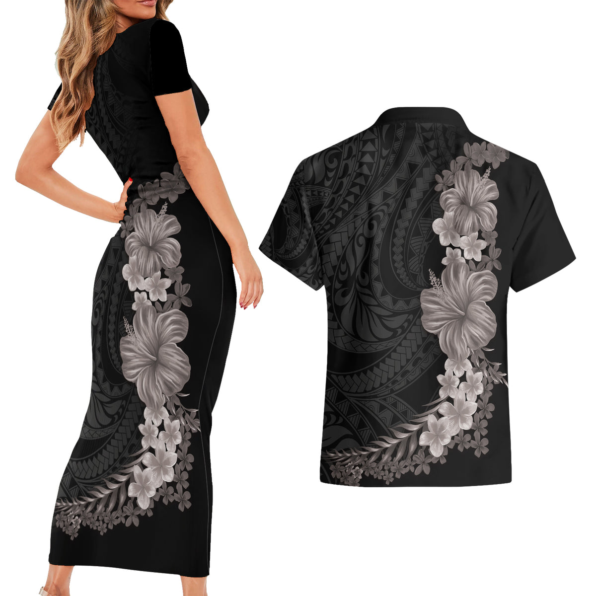 Hawaiian Plumeria and Hibiscus Couples Matching Short Sleeve Bodycon Dress and Hawaiian Shirt Grayscale Mode LT03 - Polynesian Pride