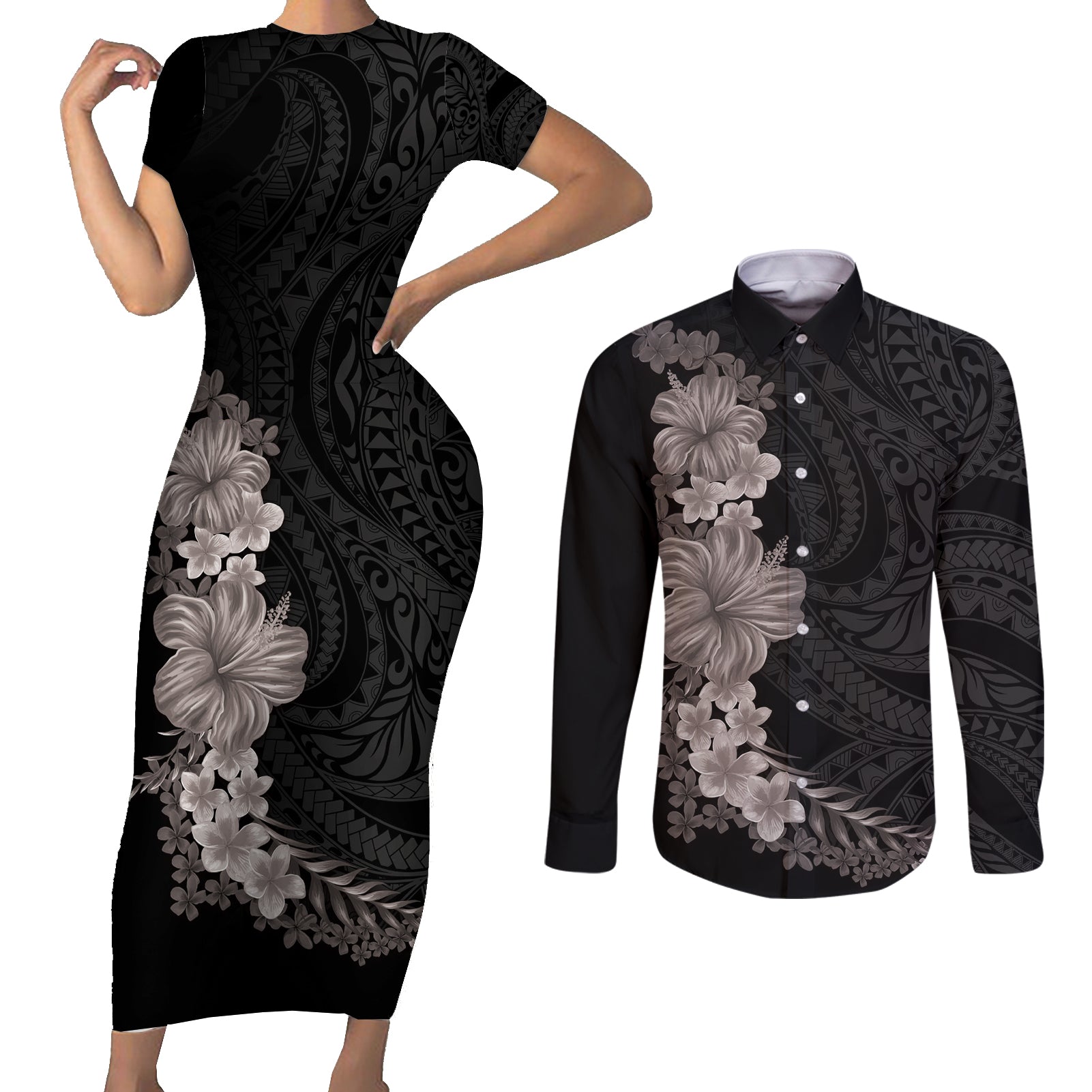 Hawaiian Plumeria and Hibiscus Couples Matching Short Sleeve Bodycon Dress and Long Sleeve Button Shirt Grayscale Mode